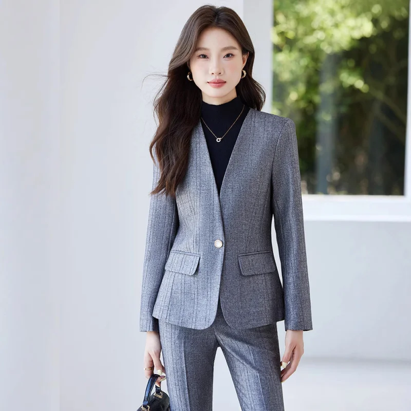 Women's Gray Striped Long Sleeve Blazer Suit Fashionable Stylish Hotel Manager High-end Workwear