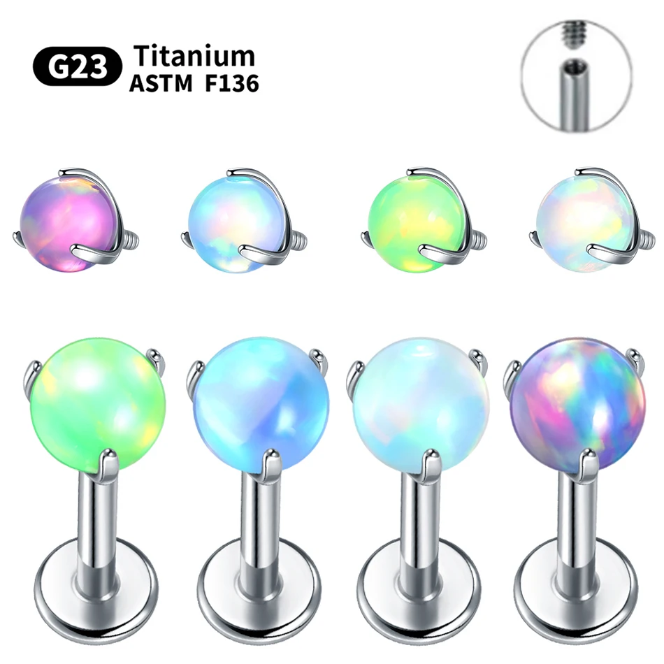 1PC Implant Grade Titanium Piercing Ear Cartilage Tragus Stud Earring Internal Thread Claw Set Opal Ball Top Labret Ring Jewelry