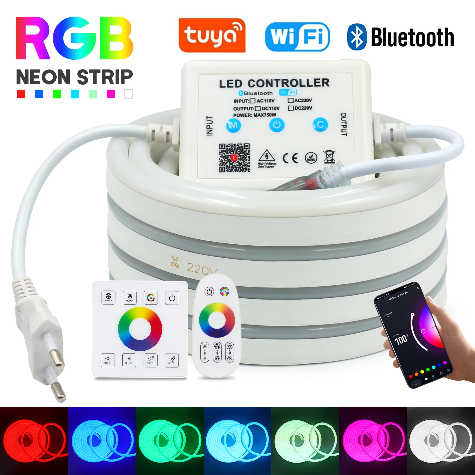 

Светодиодная лента RGB Неоновый свет 220 В 110 В WIFI Bluetooth с регулируемой яркостью SMD5050 Веревочная лампа с дистанционным управлением Alexa Google Home Tuya Smart Life