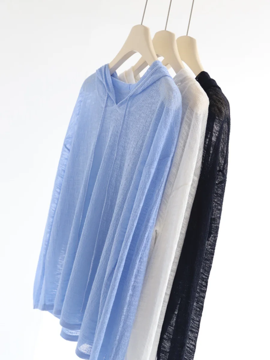 Dave&di Micro Transparent Hooded Casual Loose Top Summer New Long Sleeved Sun Protection Air-conditioned Shirt