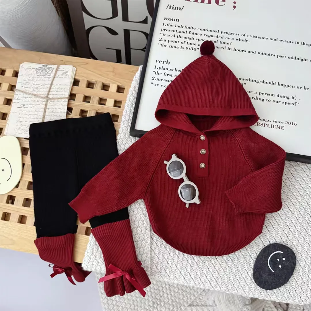 2026 Spring New Baby Long Sleeve Knitted Clothes Set Girls Hooded Sweater + Pants 2pcs Suit Solid Simple Toddler Cotton Outfits 3