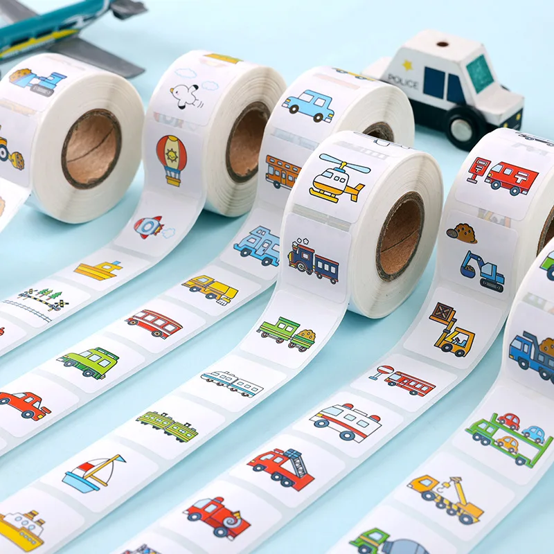 500pcs Kids Puzzle Stickers 8 Designs Train Bus Sticker Cute Transportation Cars Tags for Encouragement Student Children Labels