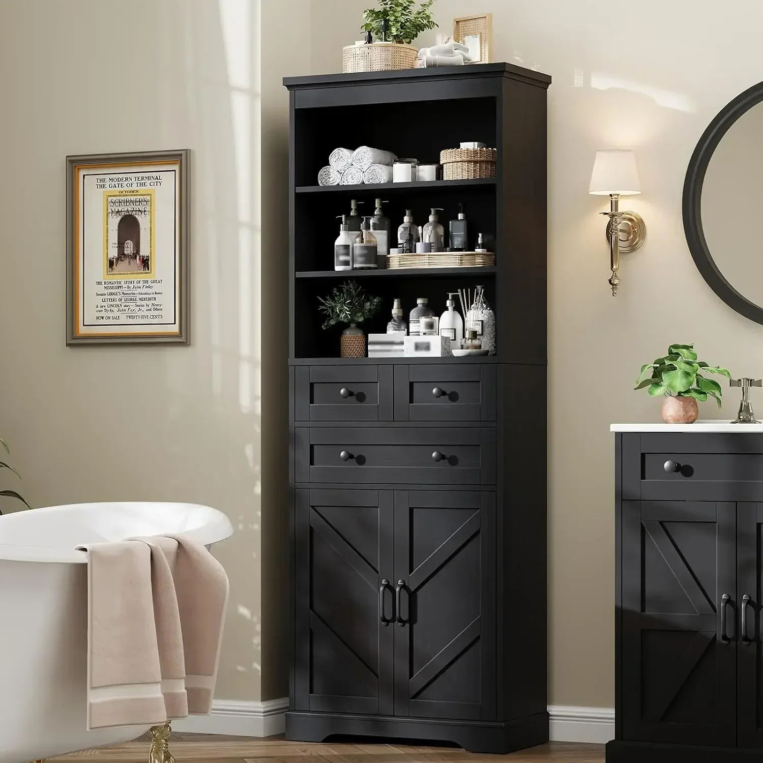 70 Tall Bathroom Storage Cabinet With Drawers Adjustable Shelves Doors 3 Tier Wood Cabinets For Bathroom Living Room Kitchen Rus