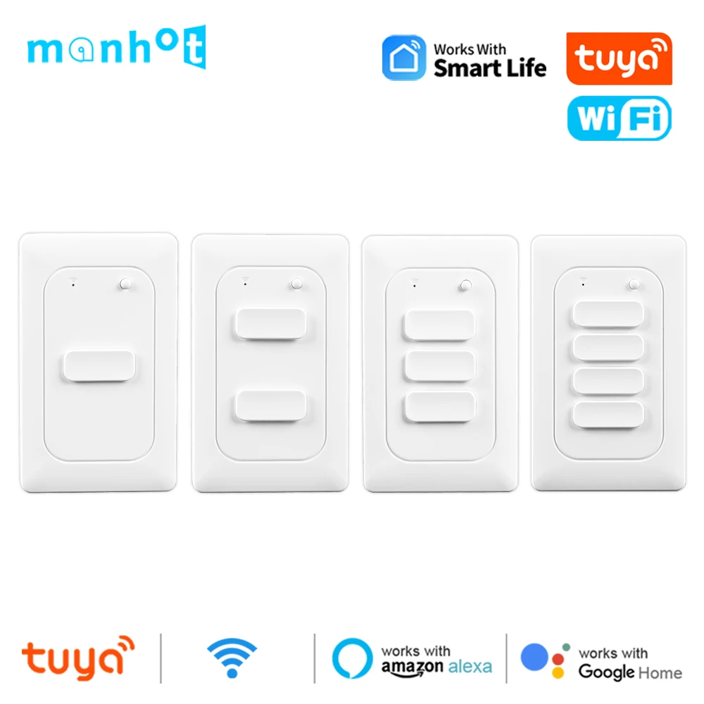 Tuya WiFi Smart Light Switch Push Button Wall Switch No Neutral Wire US Smart Life 1-4 Gang Voice Control Alexa Google Home