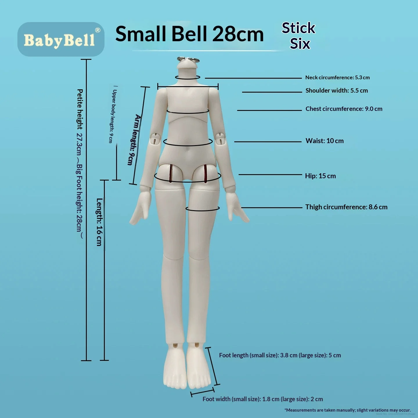 BabyBell 1/6 Stick BJD Nude Body 28cm Unisex Chubby Style 3 Joint Articulated Big Hands Feet Doll Body Fit 1/6 Doll Head Shell