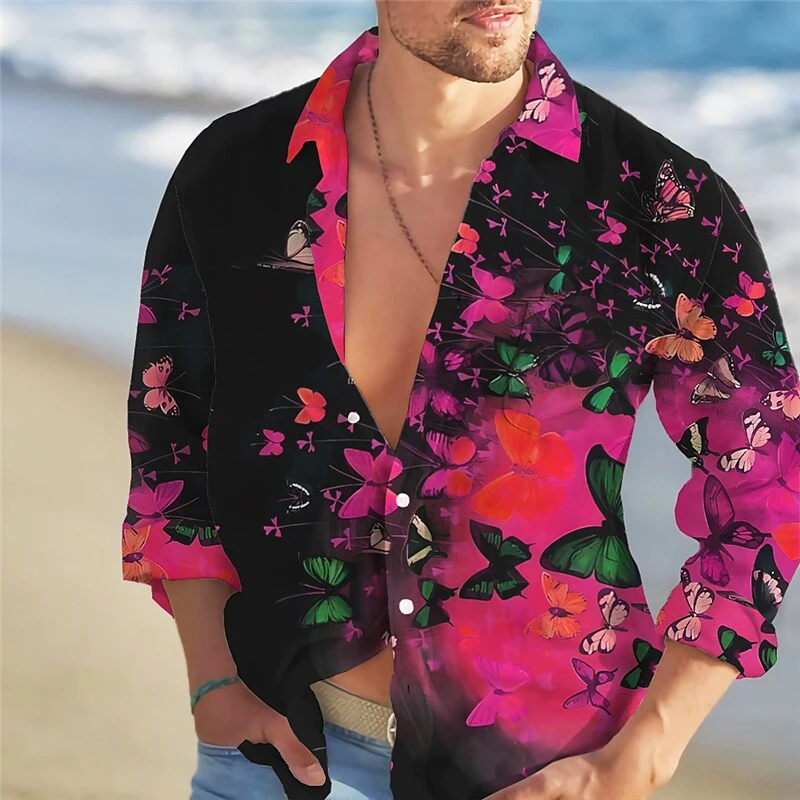 TiKi2024 nuova camicia da uomo con stampa rosa primaverile ed estiva modello HD camicia da uomo casual street fashion trend