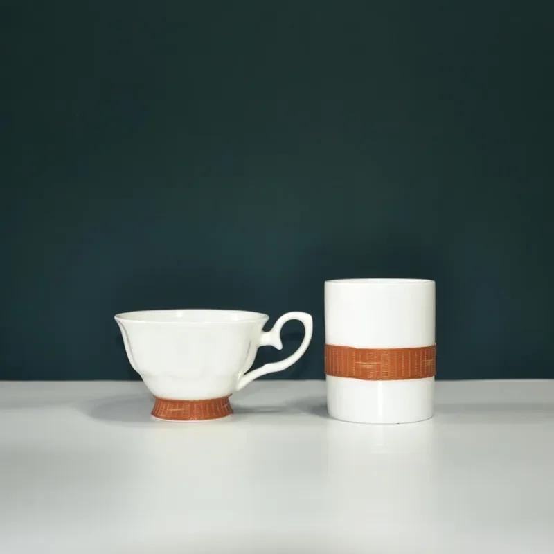 Handcrafted Chinese Style SICHUAN Origin Ceramic Porcelain-Bodied Bamboo-Woven Jade Porcelain Set Fruit Tray; Portable