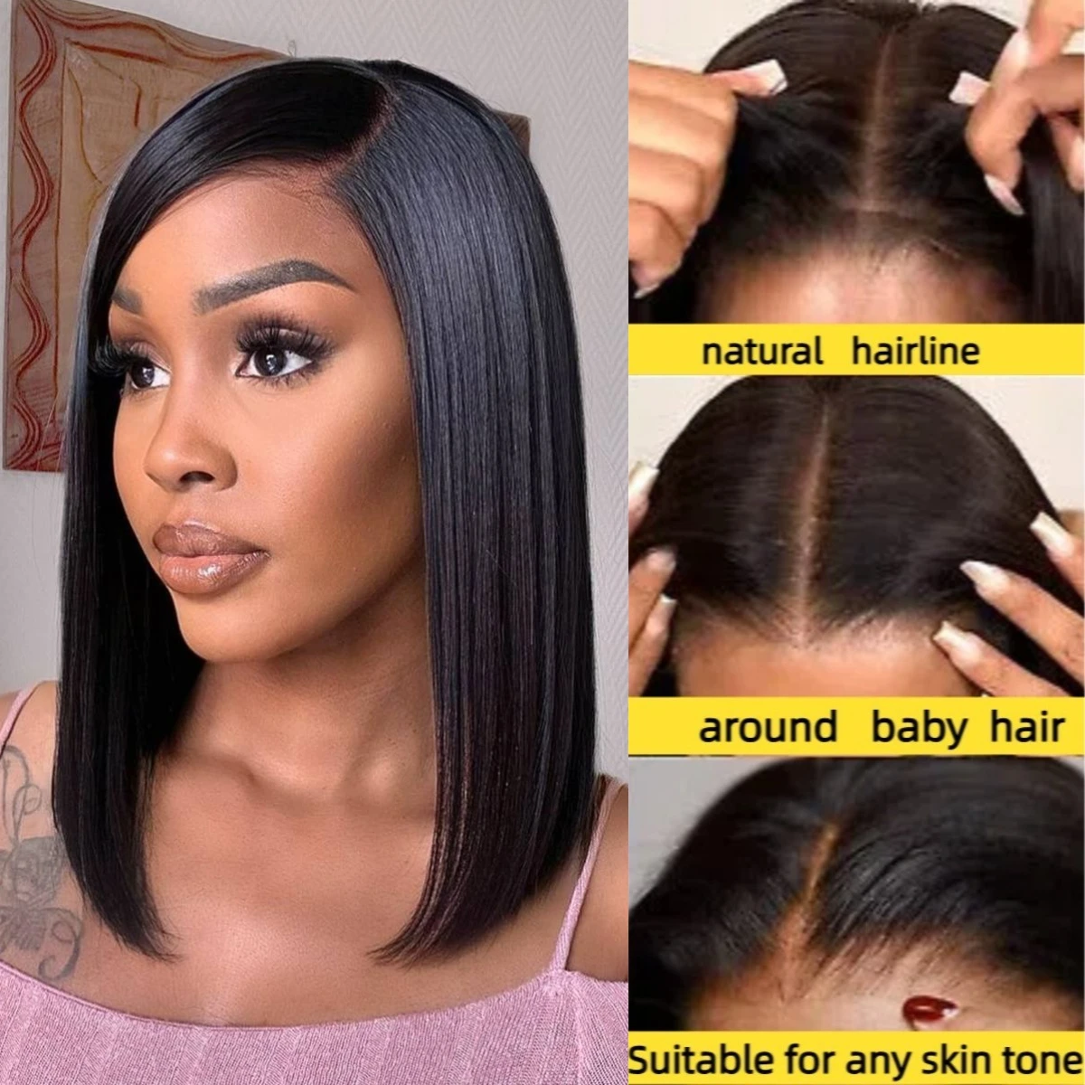 Perruque courte droite sans colle 100% cheveux humains brésiliens Bob pré-cueillies pré-décoriés sans colle prêt à porter perruques 200% densité