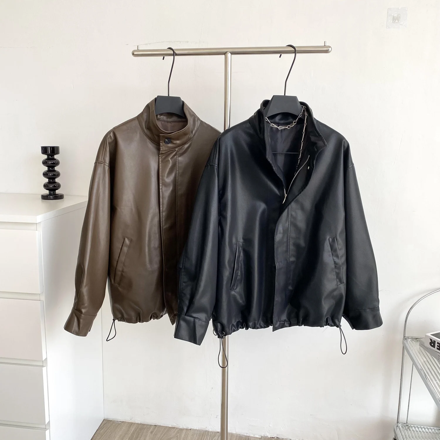 

Short PU Leather Jacket for Women, Black, Cool, Light, Soft, Long Puff Sleeve, Casual, Loose, Korean Fashion, Spring