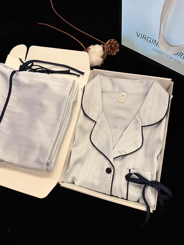 elegant-blue-silk-sleepwear-women's-long-sleeve-long-pants-striped-knot-high-end-thin-satin-home-clothes-set