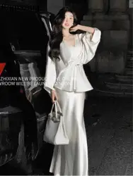 Autumn New Elegant Satin Two-piece Dress Set Women Wedding Evening Party Dress V-neck Top Slip Mermaid Dress Prom Robe Outfits