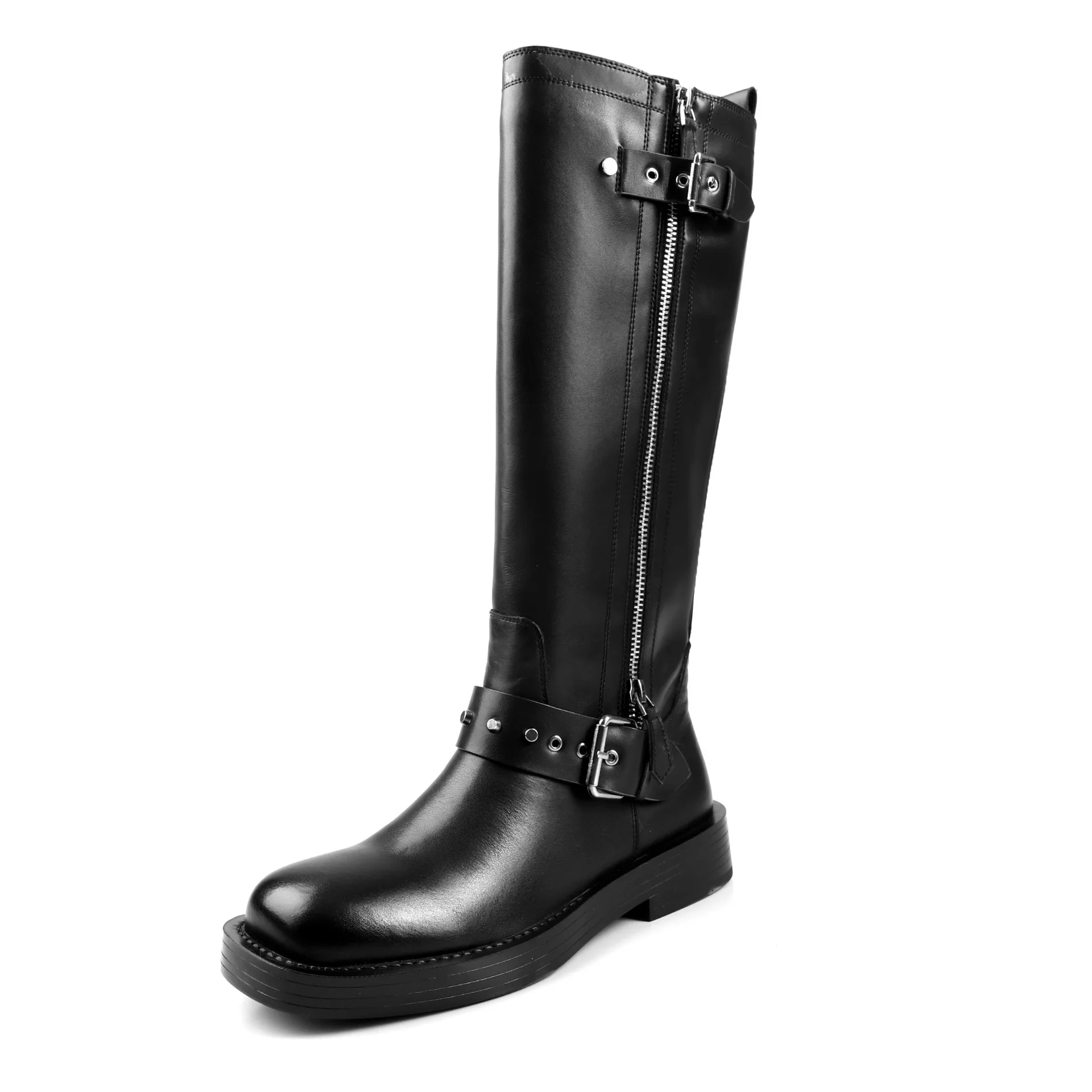 Arden Furtado Autumn Black cowhide Riding boots Square toe Side zipper Middle heel Knee high boots Belt buckle Women's Boots