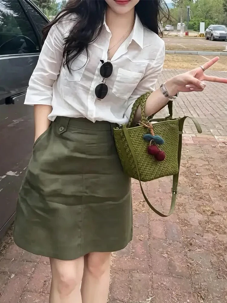 

Summer New Style White Shirt And Half-length Skirt Fashionable Commute Wind Whole Set Women's Clothing Casual Elegant Suit