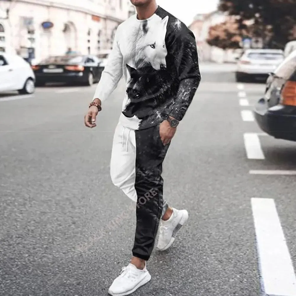 Men\'s Set 3D Animal Printing Long Sleeves Sportswear T-shirt+Pants 2Pcs set O-Neck Sweatshirt Jogger Sportswear 2 Piece Suit