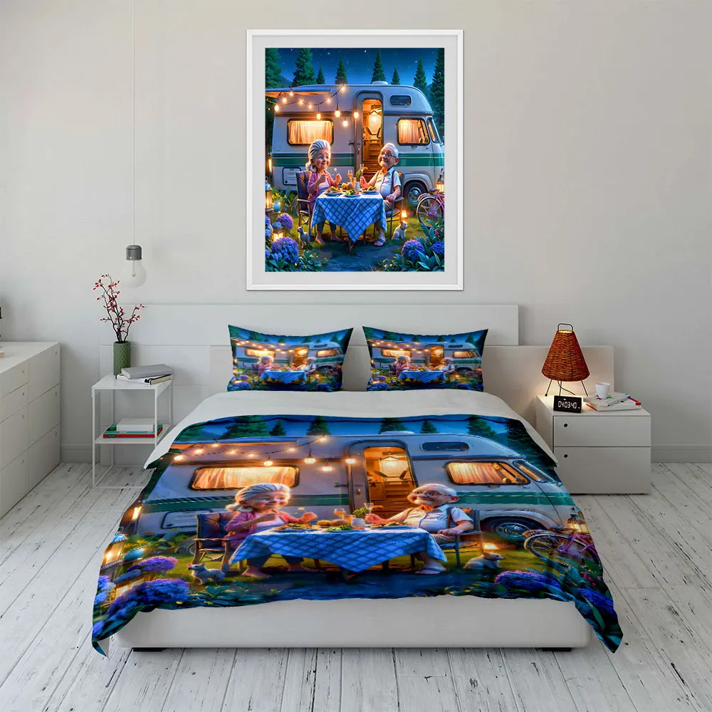 Cozy dinner by campervan Pattern Duvet Cover Set Digital Print Colorful Polyester Bedding with Zipper Closur for kids gifts