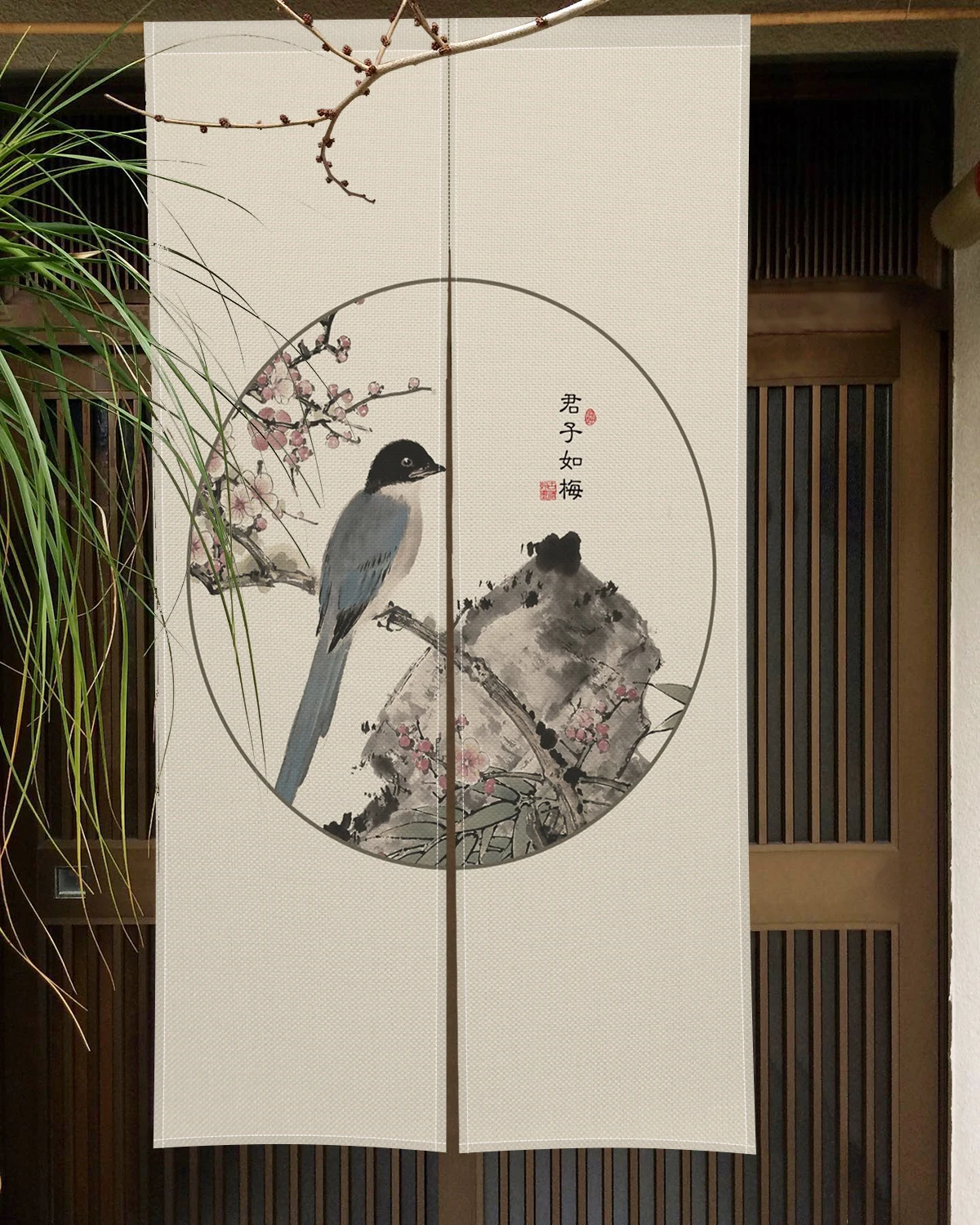 Japanese Noren Door Curtain with Traditional Ink Painting Design Zen Style Room Divider for Living Room Tea House Entrance Decor