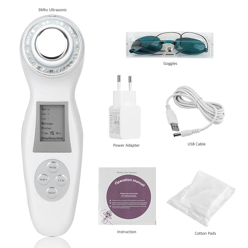 3MHz Facial Ultrasonic Beauty Device with 3 Colors LED Photon+Galvanic Ionic+Ultrasound+Massage,Face Massager Skin Care Tool