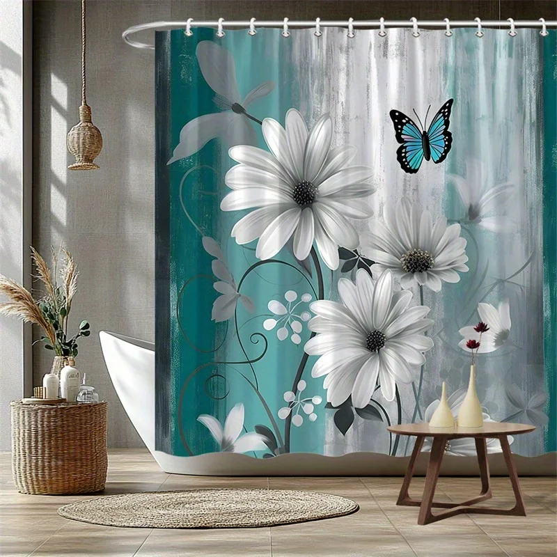 1pc White Daisies & Blue Butterflies Shower Curtain - Serene Floral Design with Teal & White Gradient Background, Modern Vintage