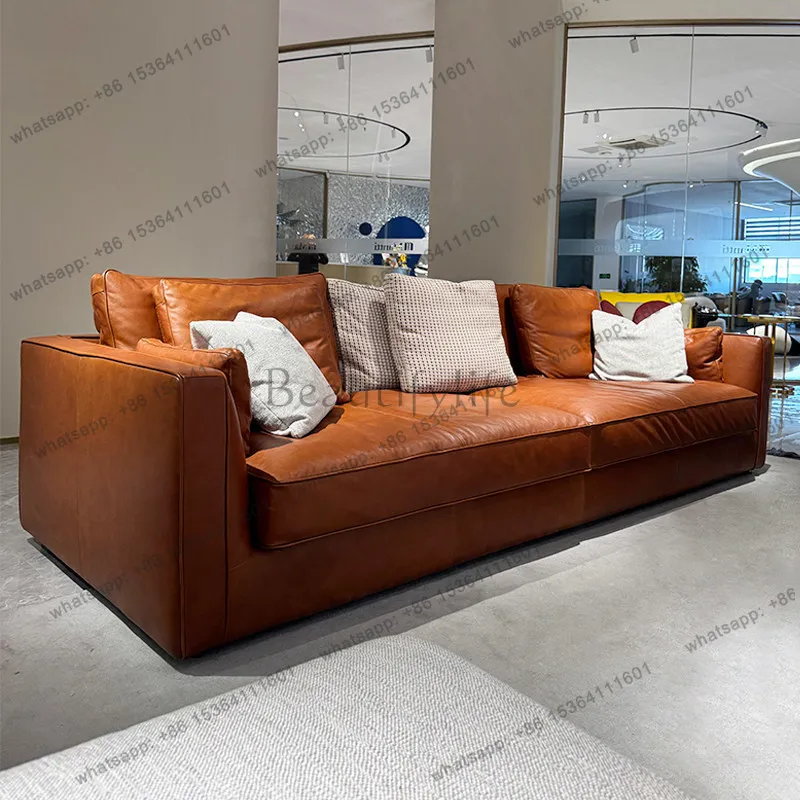 New Italian minimalist first-layer cowhide sofa three-person straight row retro oil wax leather sofa