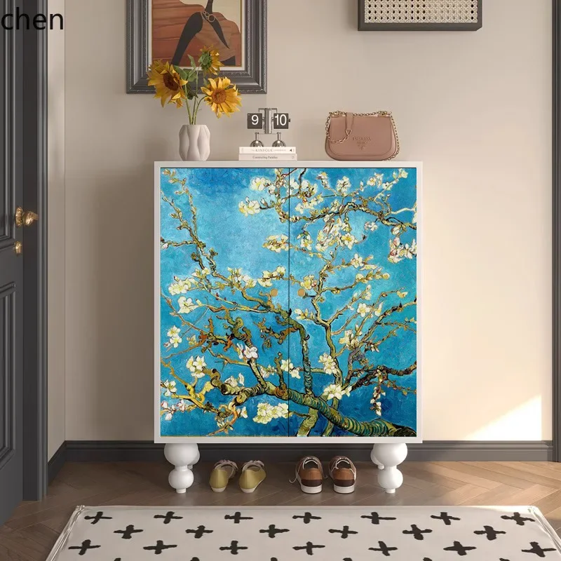 v1  Retro Entryway Shoe Cabinet for Home Living Room Wall-Mounted Integrated Solid Wood Multi-Functional Storage Cabinet