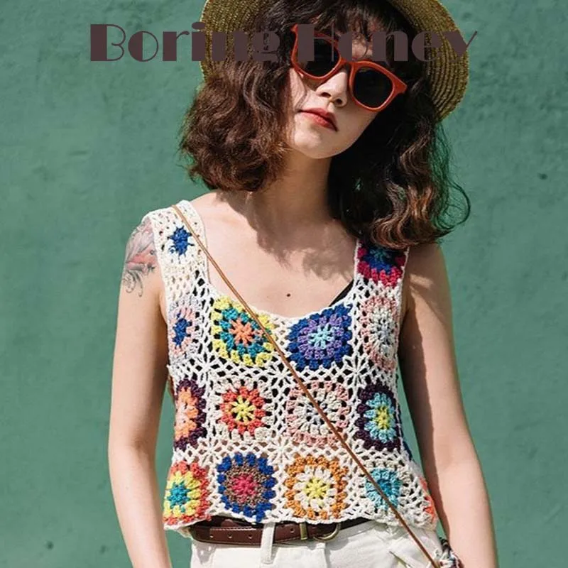 Boring Honey Ethnic Style Hand Crochet Tank Top Women Hollow Out Knitted Vest Colorful Blouse Crop Top Summer Wear Festival Beac