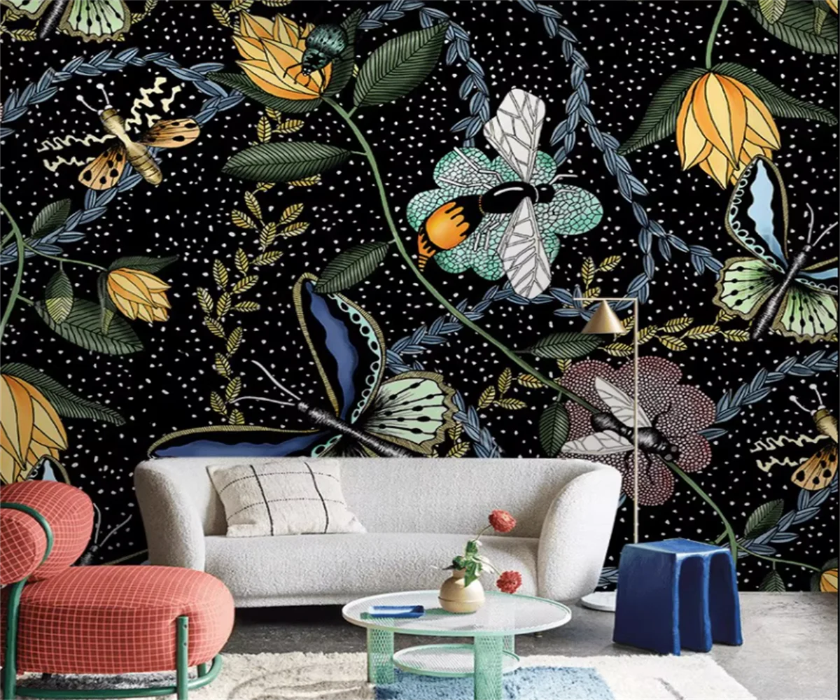 Customized Size Mural Vintage Hand drawn Plant Flower Butterfly Wallpaper Home Decoration Plant Leaf Hanging Painting 3d murals