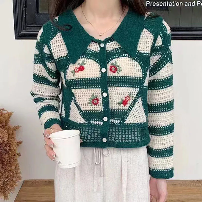 مملة العسل الفرنسية الرجعية مخطط الجوف الأعلى المطرزة زهرة معطف سترة مشغولة من الصوف المرأة أوائل الخريف موضة الحلو الرياح ل #5