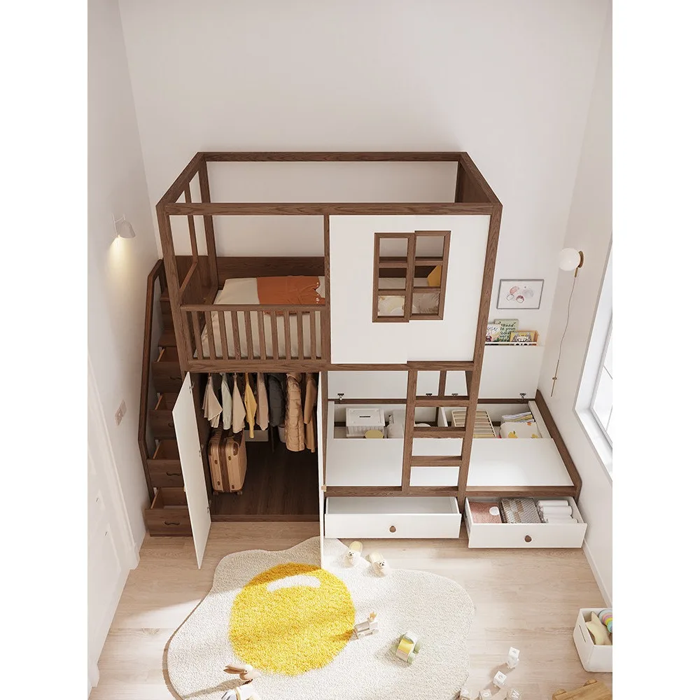 Staggered Solid Wood Treehouse Bunk Bed, Kids Bed with Wardrobe & Storage, Loft Bed with Under-Bed Cabinet