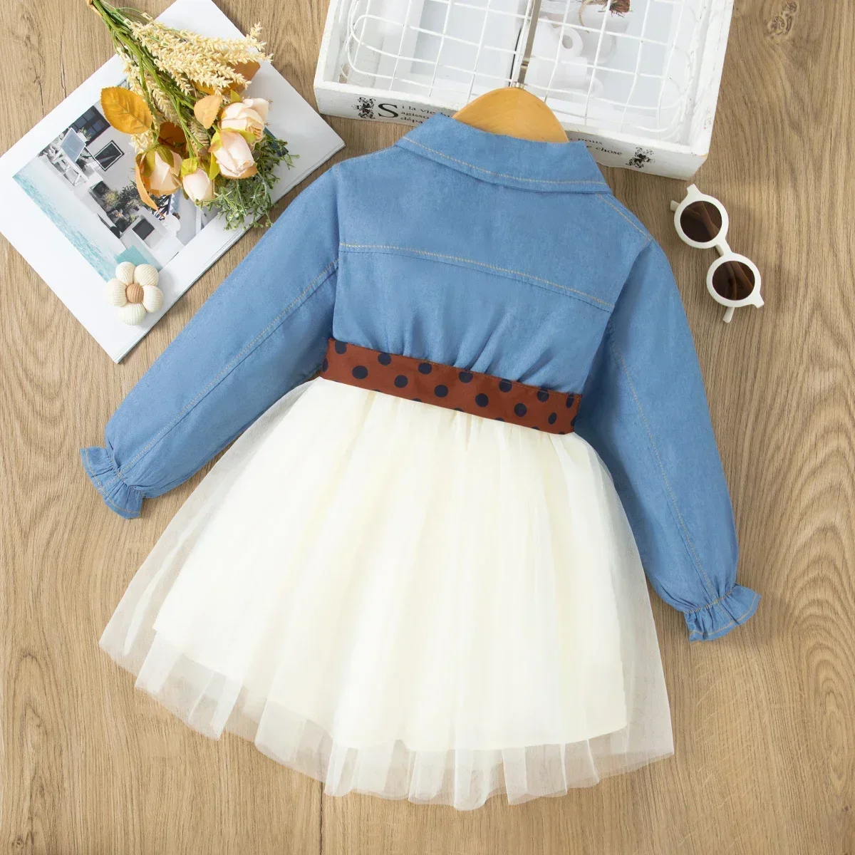 Baby Girl Dresses Spring and Autumn Soft Denim Mesh Long Sleeve Girls Princess Dresses Cute Bow Solid Color Girls Dresses