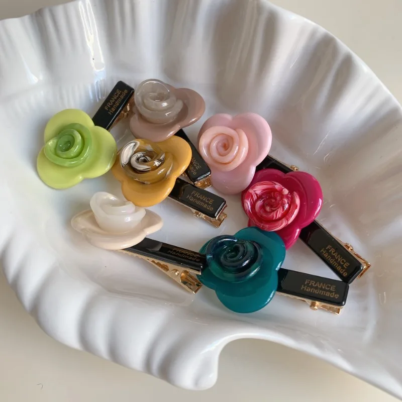 Korean version rose bud hairpin gold standard high-end flower side clip acetic acid duck bill clip versatile flower bangs clip