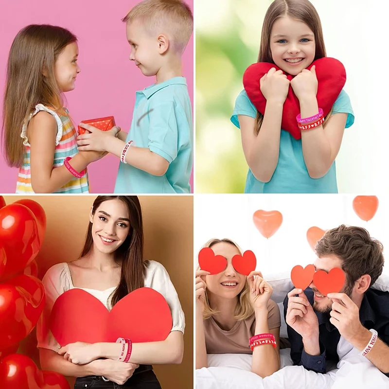 24Pcs Valentine's Day Favors Silicone Bracelets Pink Red Love Heart Wrist Bands For Kids Adults Gift(6 Designs)