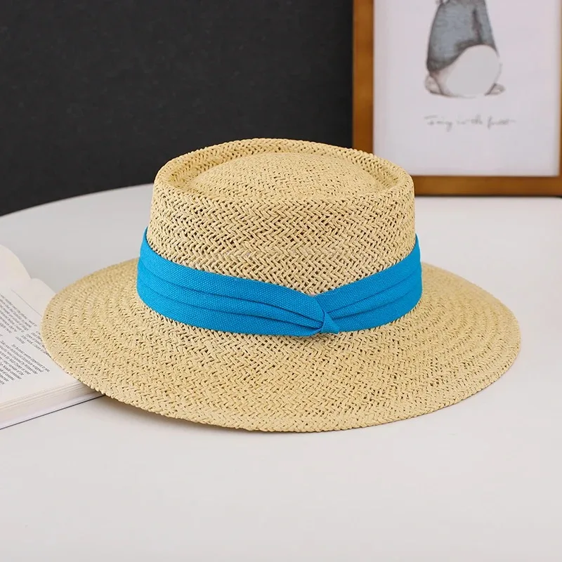 French Panama Straw Hat Ladies Sun Protection Summer Beach Sun Hat Men\'s Holiday British Retro Concave Flat Top Straw Hat Women