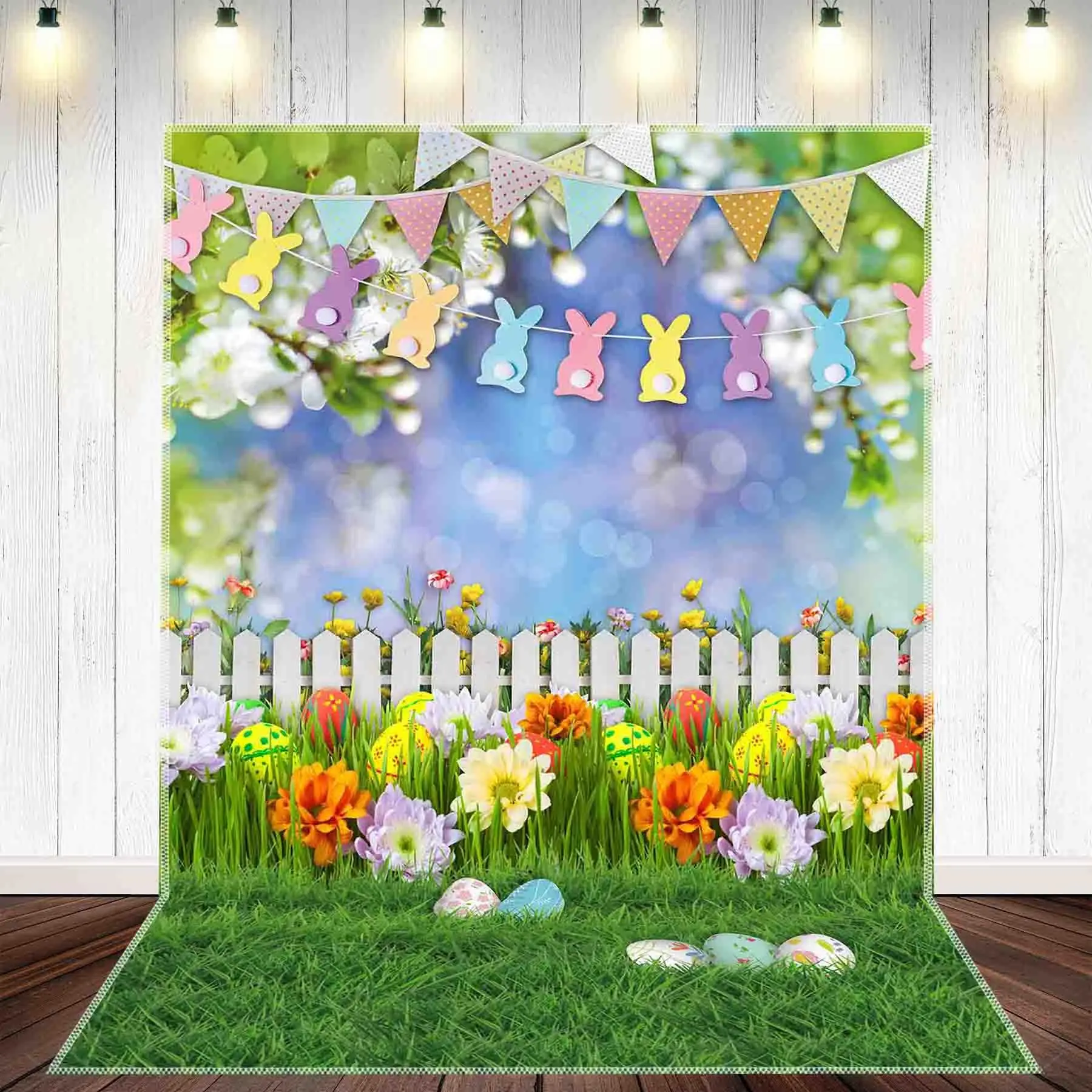 

Easter Spring Photography Backdrop Grass Colorful Eggs Flowers Bunny Garden Background Sky Fence Lawn Photo Tapestry Booth Props