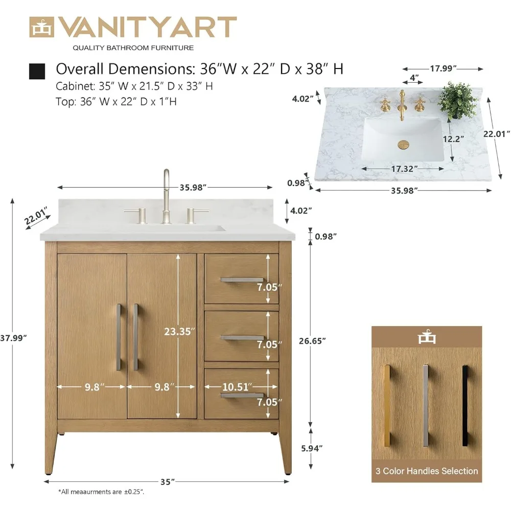 36 inch Bathroom Vanity with Single Sink & Ceramic Top, Vanity Cabinet with Soft-Closing Doors, Solid Wood Frame, Natural Oak