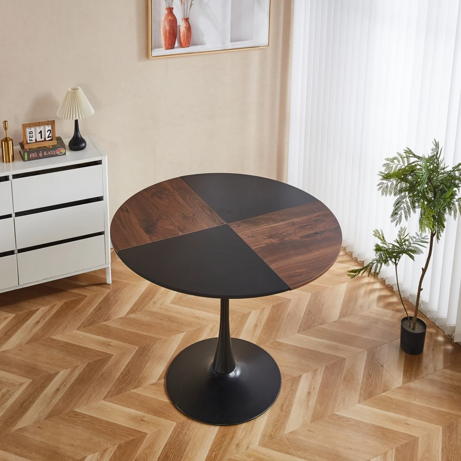 47.2 Inch Tulip Round Dining Table, Mdf Black And Brown Dining Table, Strong And Reliable Metal Legs, Easy To Assemble