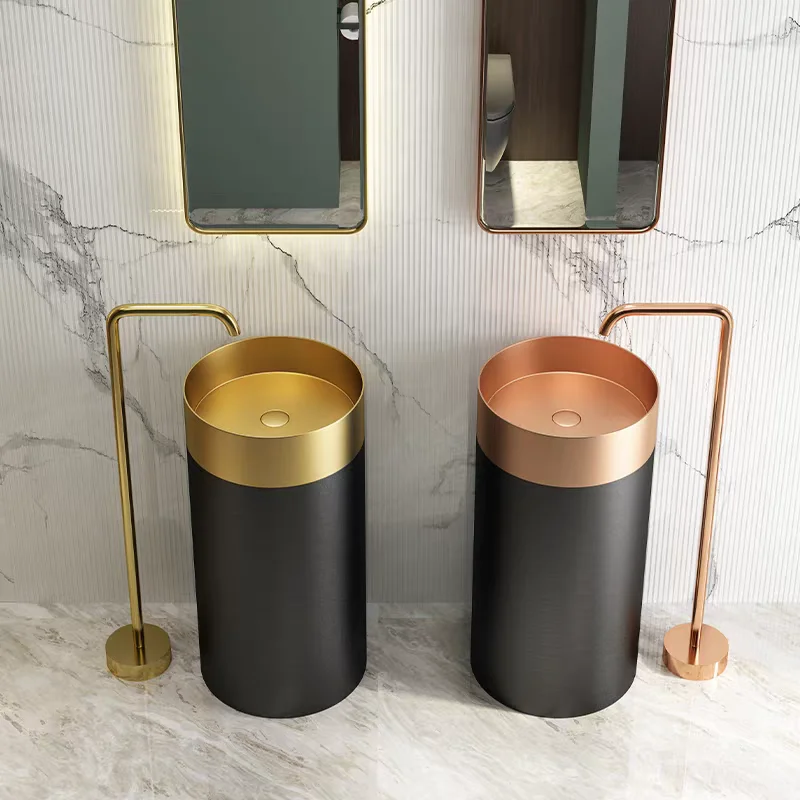 400*400*800mm Modern Black and Gold two-tone Round Freestanding Wash basin Sink 304 Stainless steel Pedestal Basin High-quality