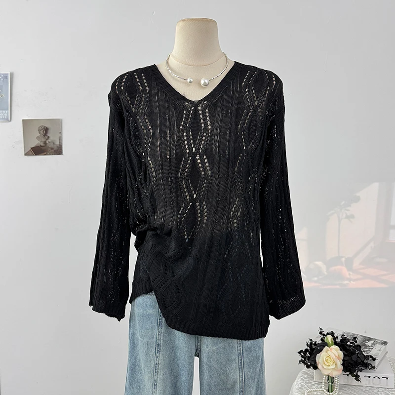 V-Neck Long Sleeve Knitted Hollow Out Sweater Spring Summer Back Lace-up Solid Color Thin Knitwear Tops
