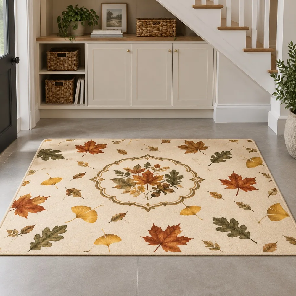 VIKAMA Carpet Rug Cream Apricot Maple Ginkgo Oak Leaf Scatter Non Slip Master Bedroom Kitchen Home Office Study Room Decor