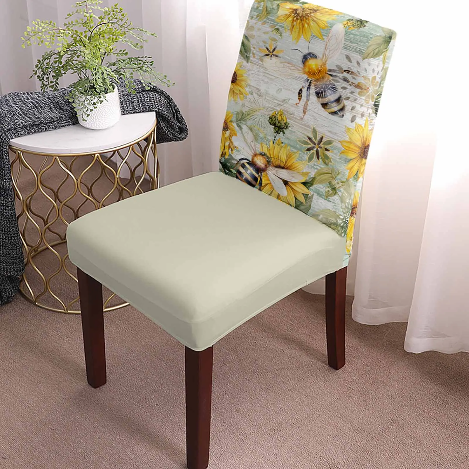 Retro Wood Grain Sunflower Bee Dining Chair Covers Spandex Stretch Seat Cover for Wedding Kitchen Banquet Party Seat Case