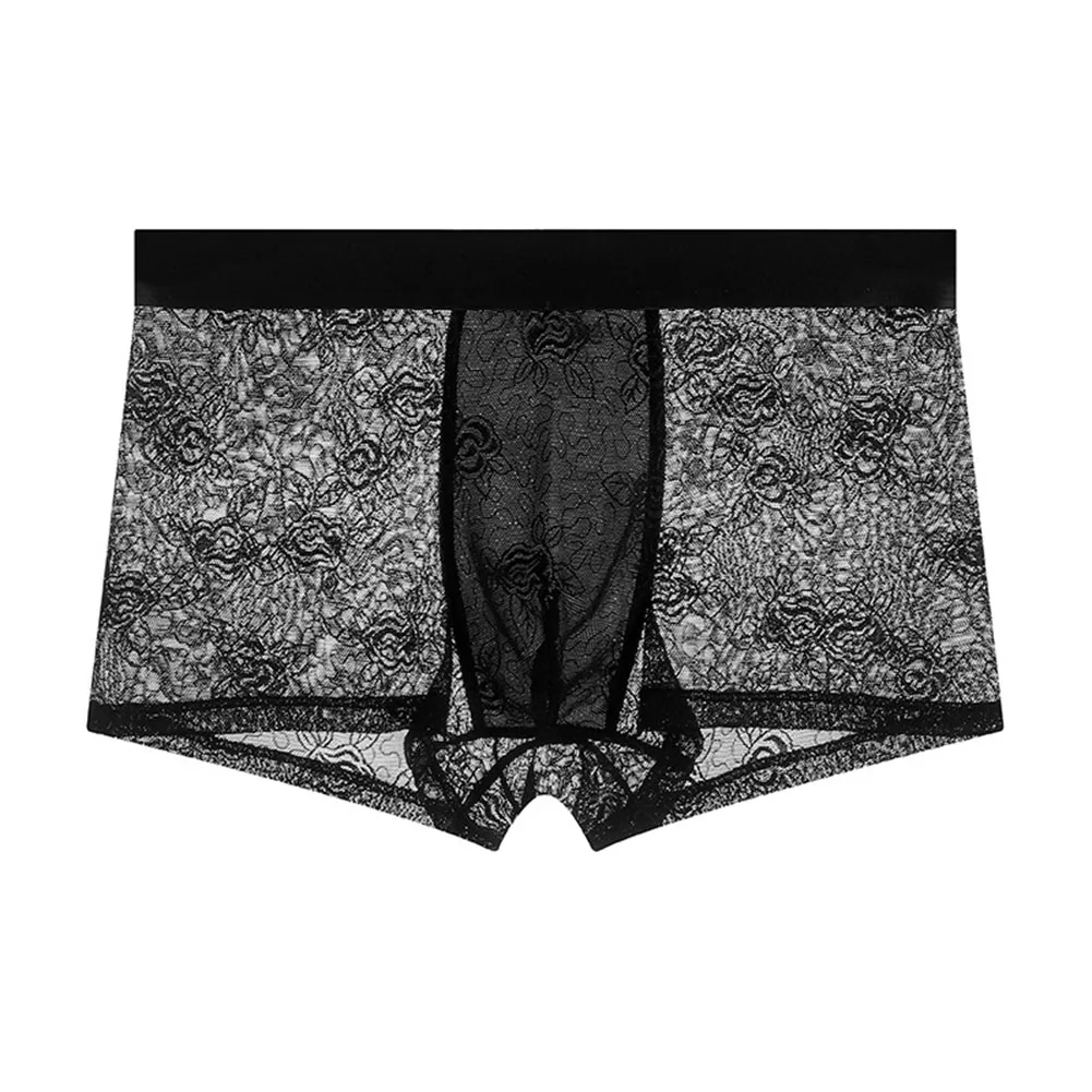 Men's Ice Silk Lace Boxer Shorts Bulge Pouch Solid Underwear See Through Trunks Boxers Man High Elastic Men's Panties