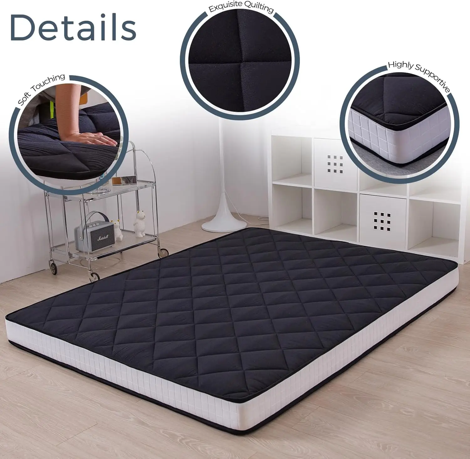 Extra Thick Black Queen Size Futon Mattress with Diamond Pattern for Adults, Japanese Floor Use