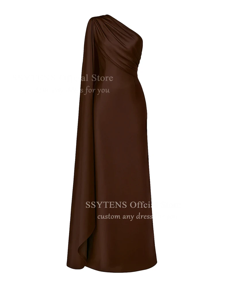 Ssytens marrom um ombro vestidos de noite 2026 cetim manga longa espartilho sereia elegante sem costas vestido de festa de casamento personalizado
