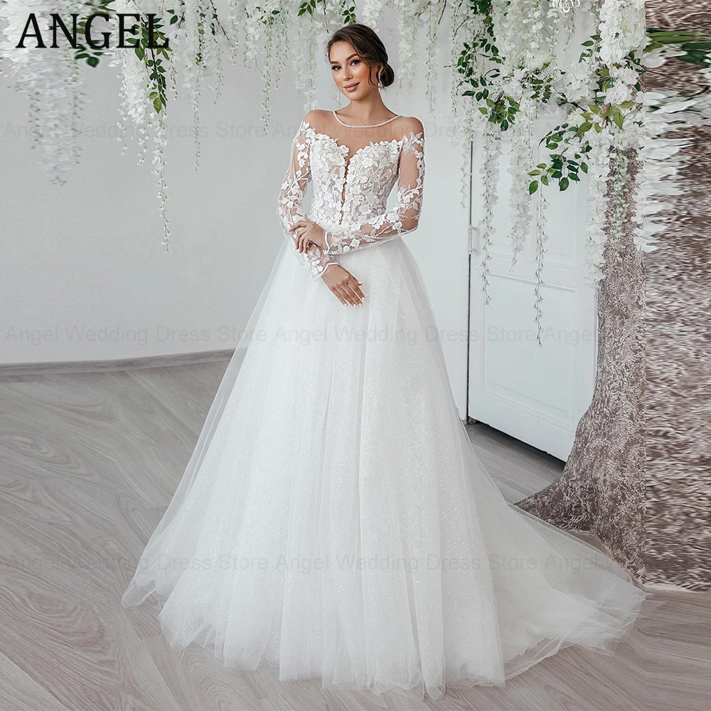 

ANGEL Civil Long Sleeves Lace Wedding Dress A-Line O-Neck Illusion Back Bride Gowns Custom Made Suknia ślubna z długim rękawem