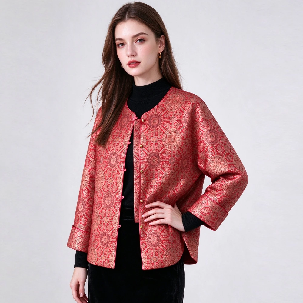 Women's Fashion Autumn Clothing Red Print 100% Natural Mulberry Silk Song Brocade (Excluding Lining) Retro Long Sleeved Jacket