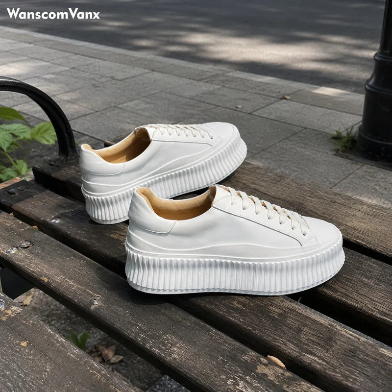 Women Casual White Sneakers Genuine Leather Lace Up Thick Soled Comfortable Walking Shoes for Female Fashion Trendy Solid Color