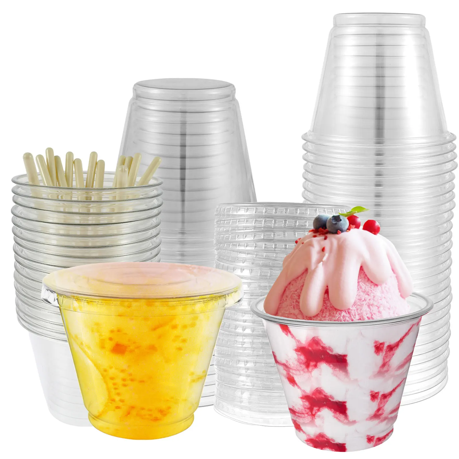 

100 Pcs Dessert Cup with Flat Lids and Sporks 250ml Appetizer Cup Clear Dessert Container Plastic Cake Cup Round Parfait Cup