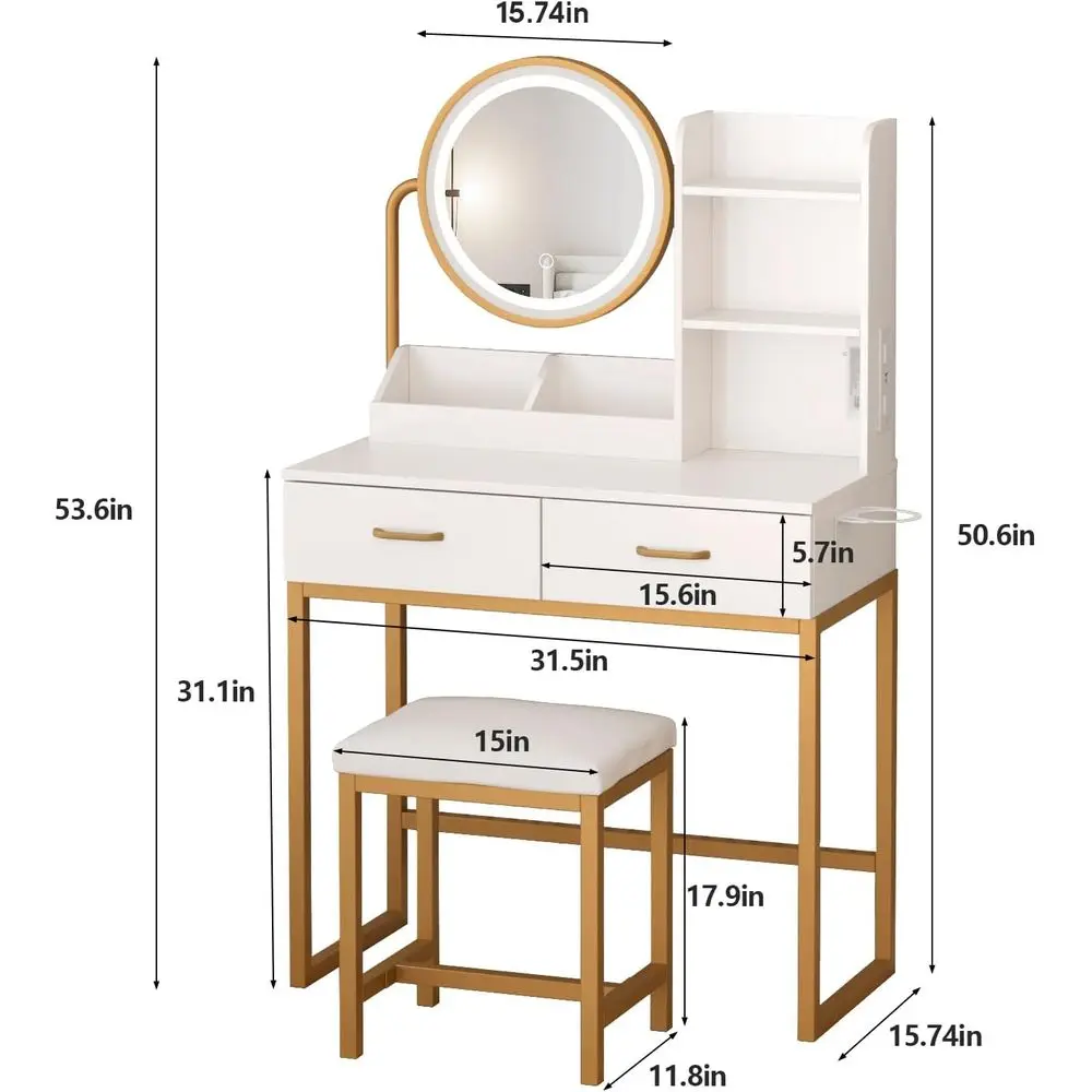Round Mirror Vanity Table with Lights, White Makeup Desk with Charging Station, 3 Lighting Modes, 31.5 Length