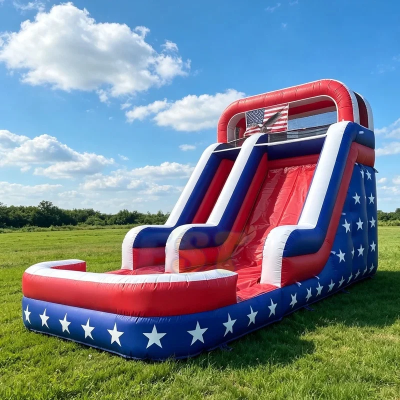 Commercial Grade Patriotic Inflatable Water Slide Dual Lane Giant Stars Stripes Slide July 4th Event Rental EN14960 PVC Material