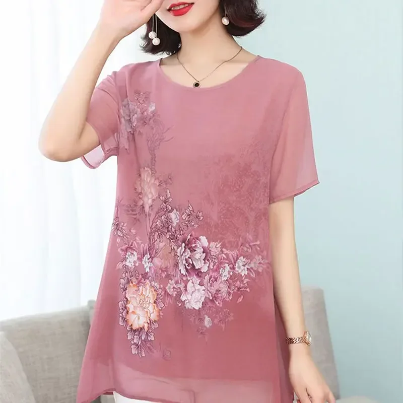 

Summer Floral Printed Chiffon Shirt Short Sleeve Female Clothing Loose Stylish Asymmetrical O-Neck Spliced Midi Blouse B62