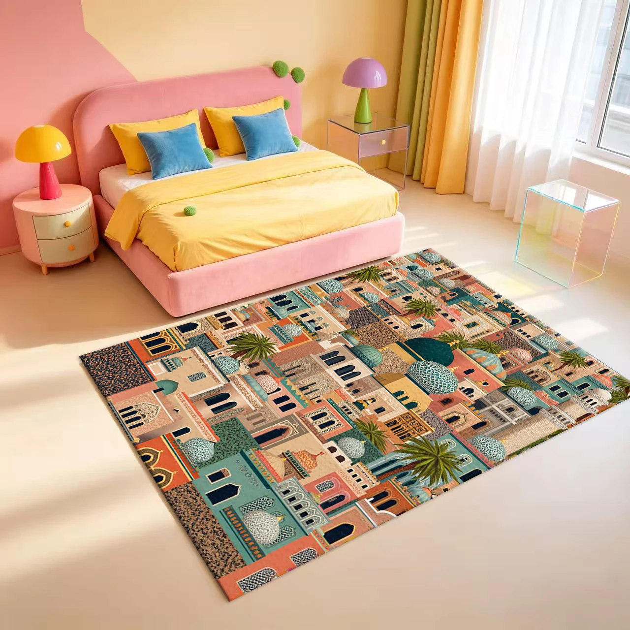 Exotic Moroccan City Palm Tree Carpet Flooring Tiles Mediterranean Architectural Style Home Carpet